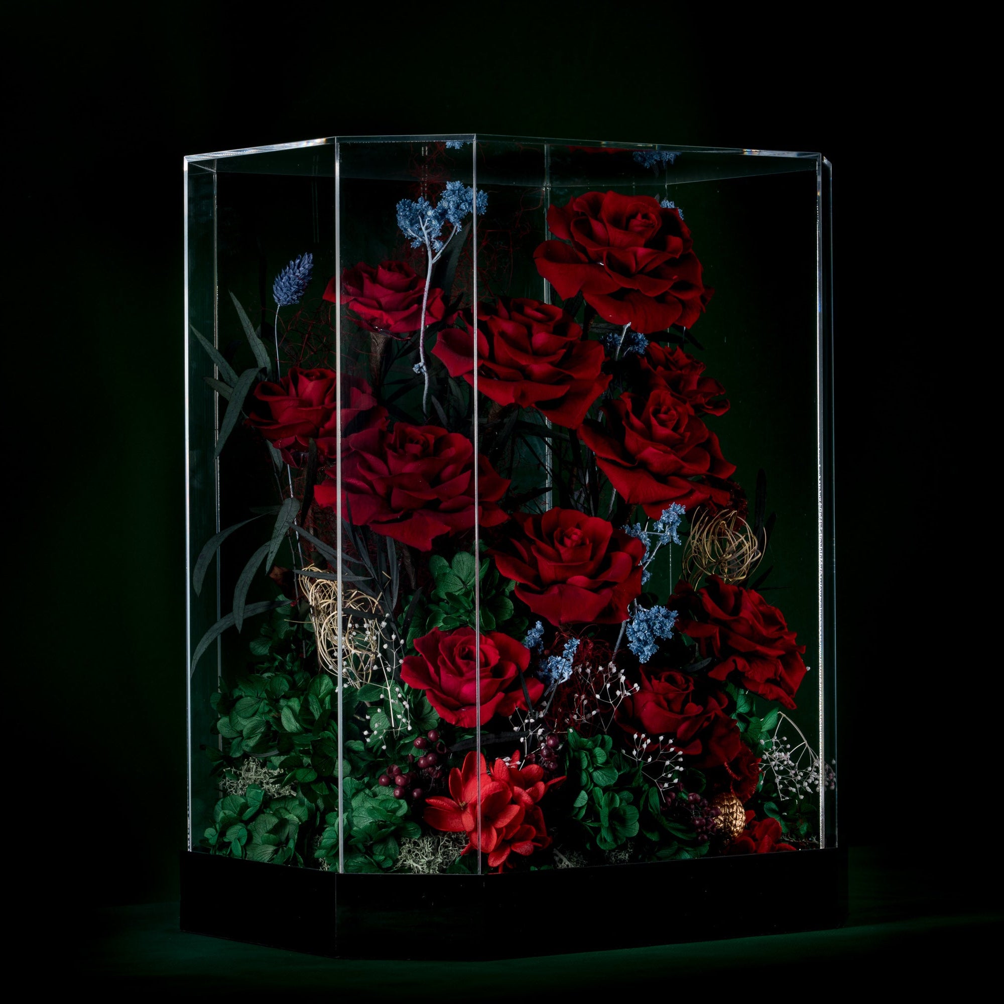 BESIDE Crystal Garden Noir Dark Red Preserved Rose Terrarium Dramatic