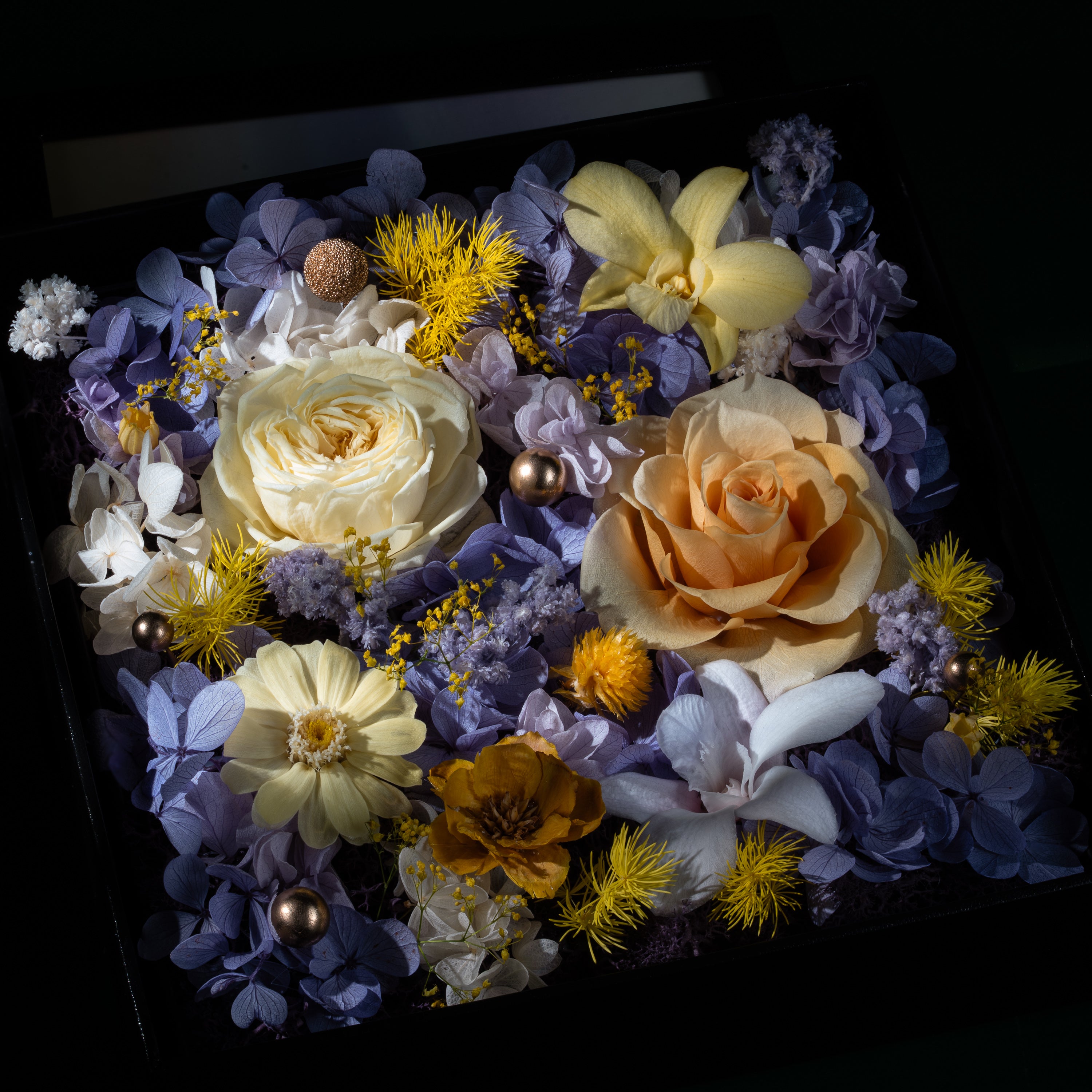 BESIDE Floral Canvas Sunrise Lavender Gold Preserved Flower Gift Box Top View